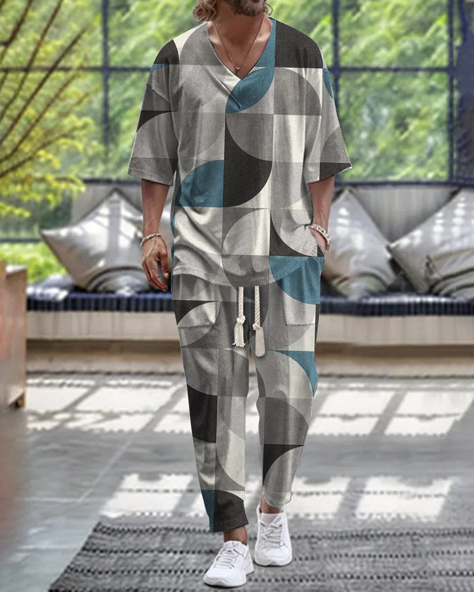 Polyester cropped sleeve V-neck jacket and trousers suit set on a hanger.