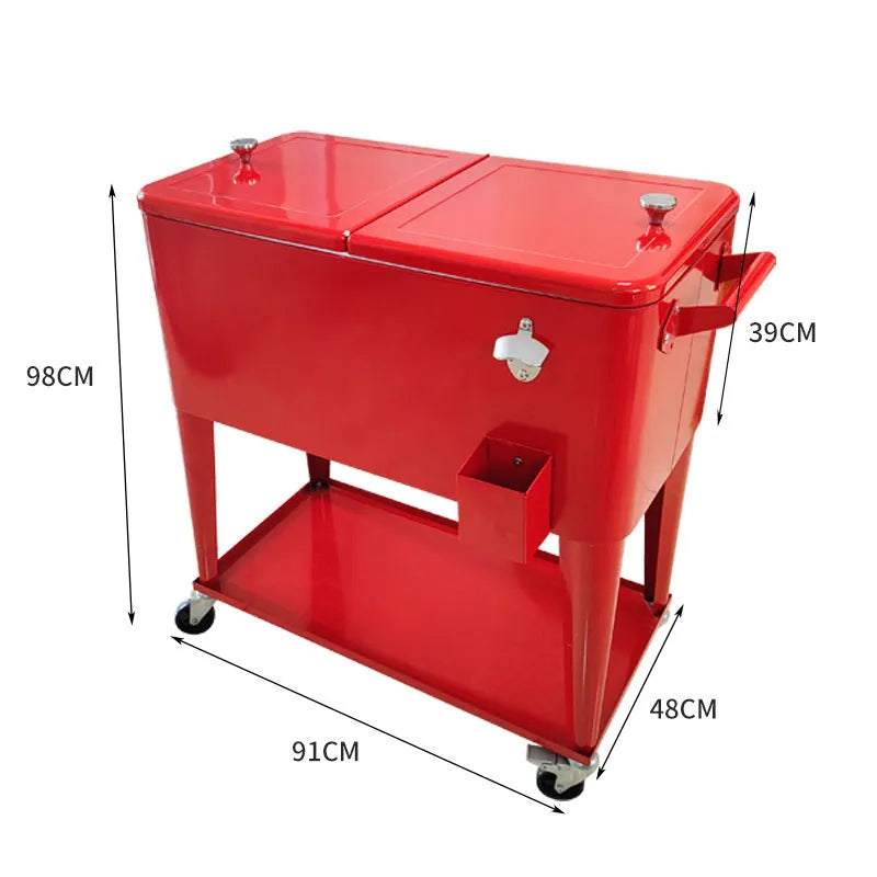 Red outdoor metal insulated trolley cooler box with 750 capacity for picnics.