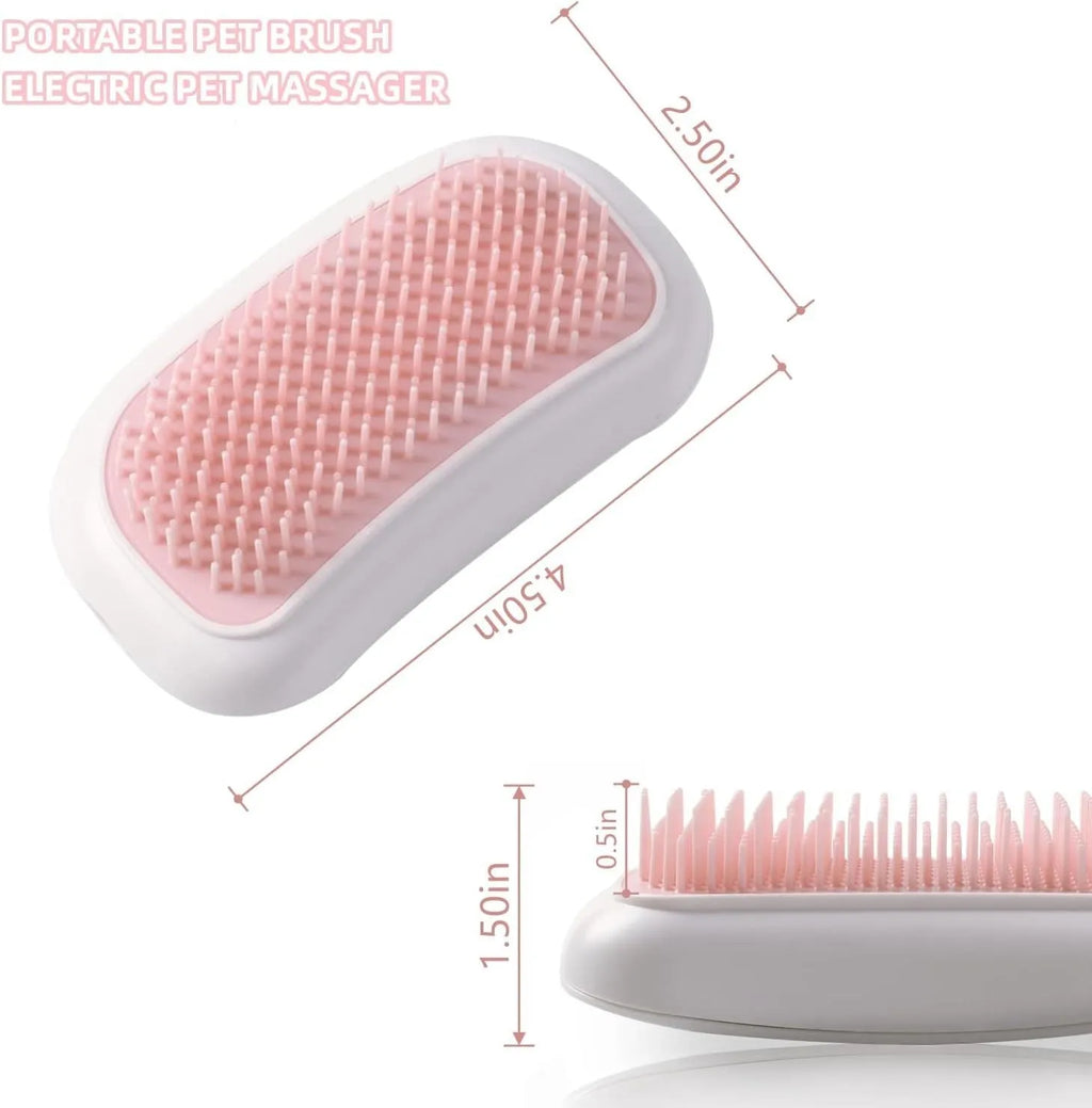 Pink handheld electric vibration pet grooming brush with soft TPE teeth on a white background.