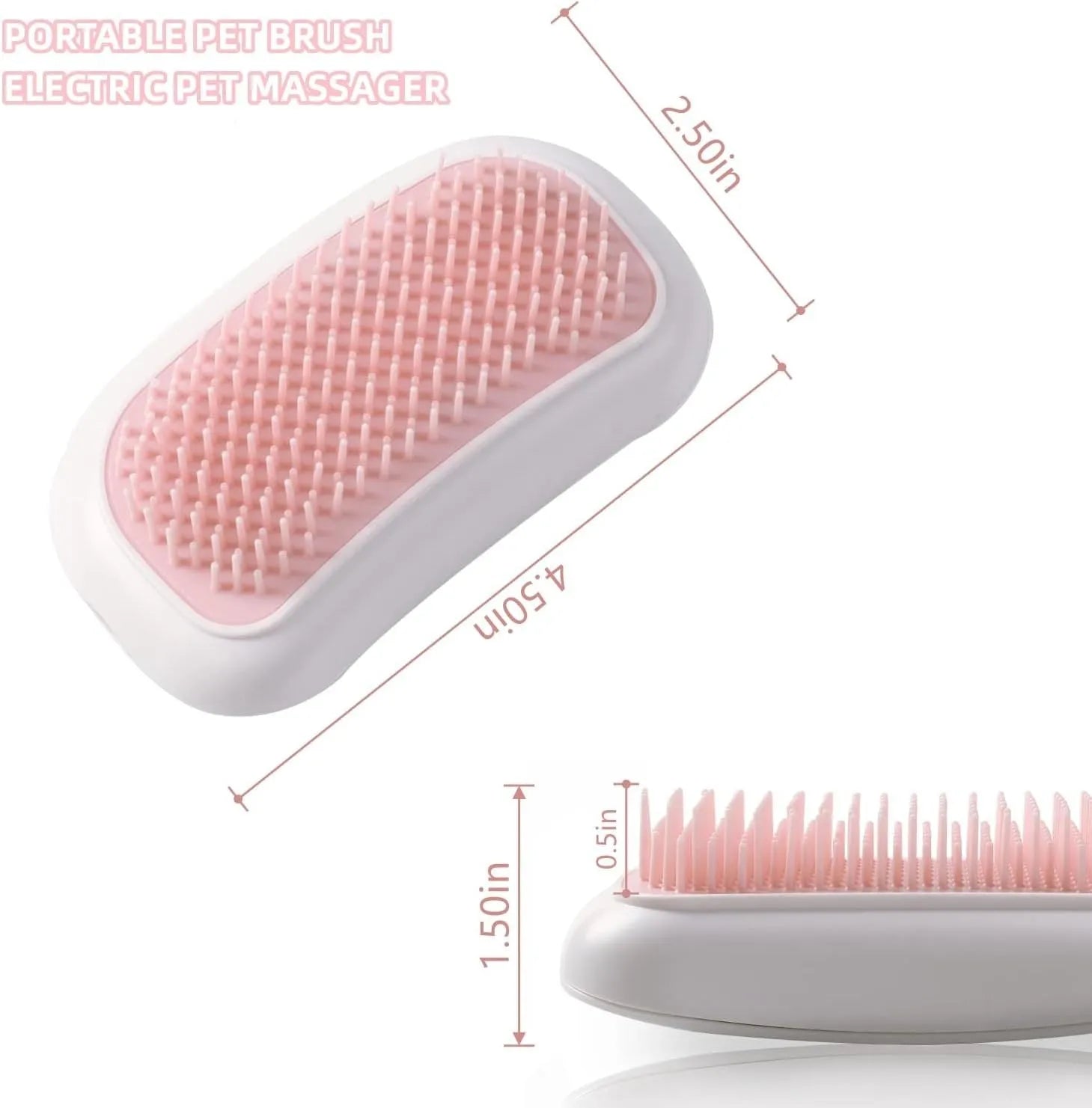Pink handheld electric vibration pet grooming brush with soft TPE teeth on a white background.