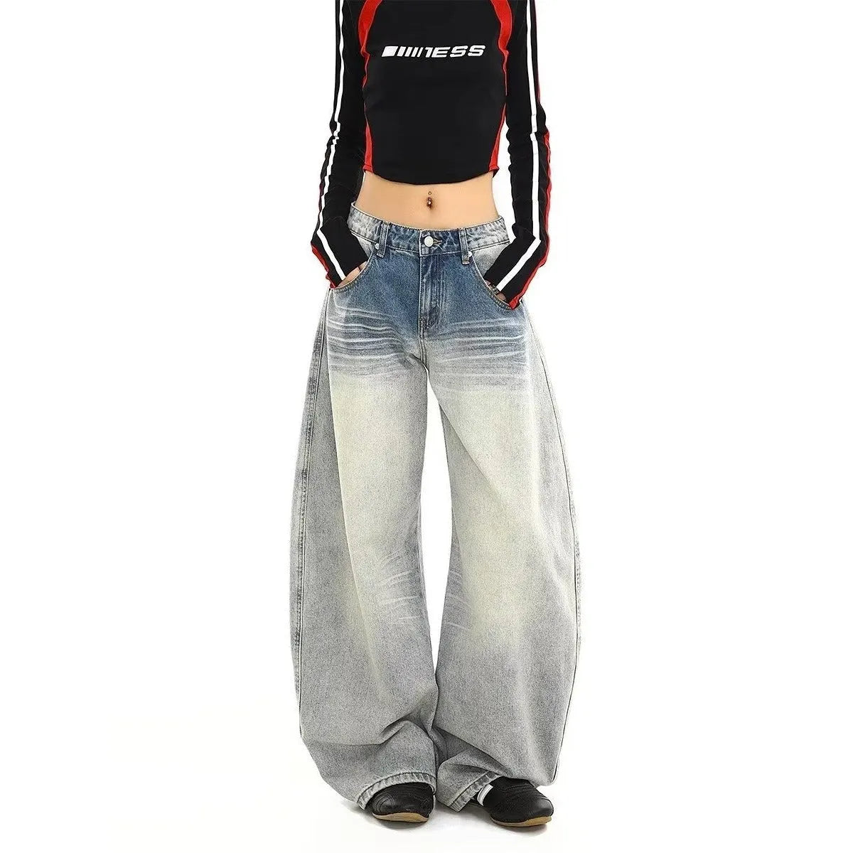 Blue straight leg cotton pants with retro design and mid-rise waist on woman