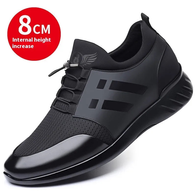 Men's black casual shoes with hidden height increase, showing chunky rubber sole and choice of leather or mesh upper