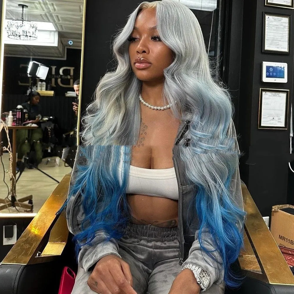 Grey and blue gradient human hair lace front wig with natural-looking 4x4 lace frontal.