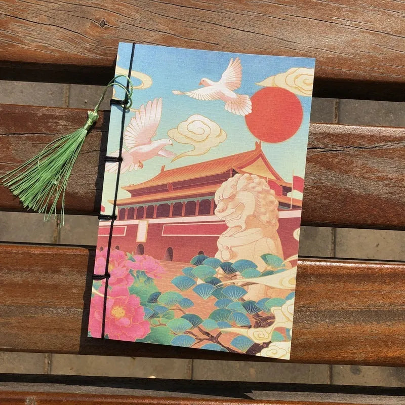 A5 antique wire-bound notebook with retro Chinese painting design on glossy embossed cover