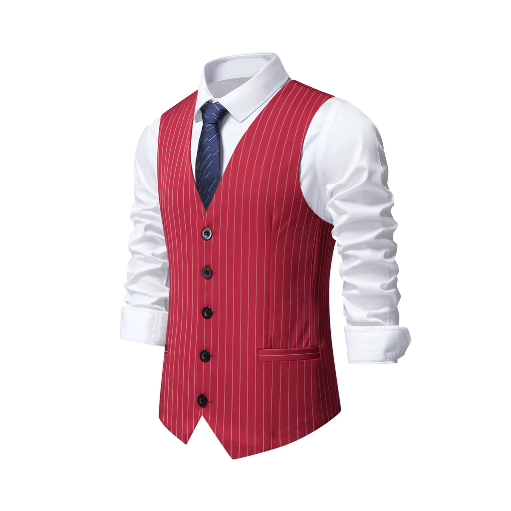 Men's striped suit vest in black, red, or khaki with a non-ironing polyester build and miter bottom hem.
