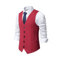 Men's striped suit vest in black, red, or khaki with a non-ironing polyester build and miter bottom hem.