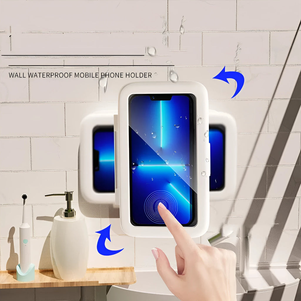 Waterproof shower phone holder with touch screen on bathroom tile, showing phone inside with anti-fog window