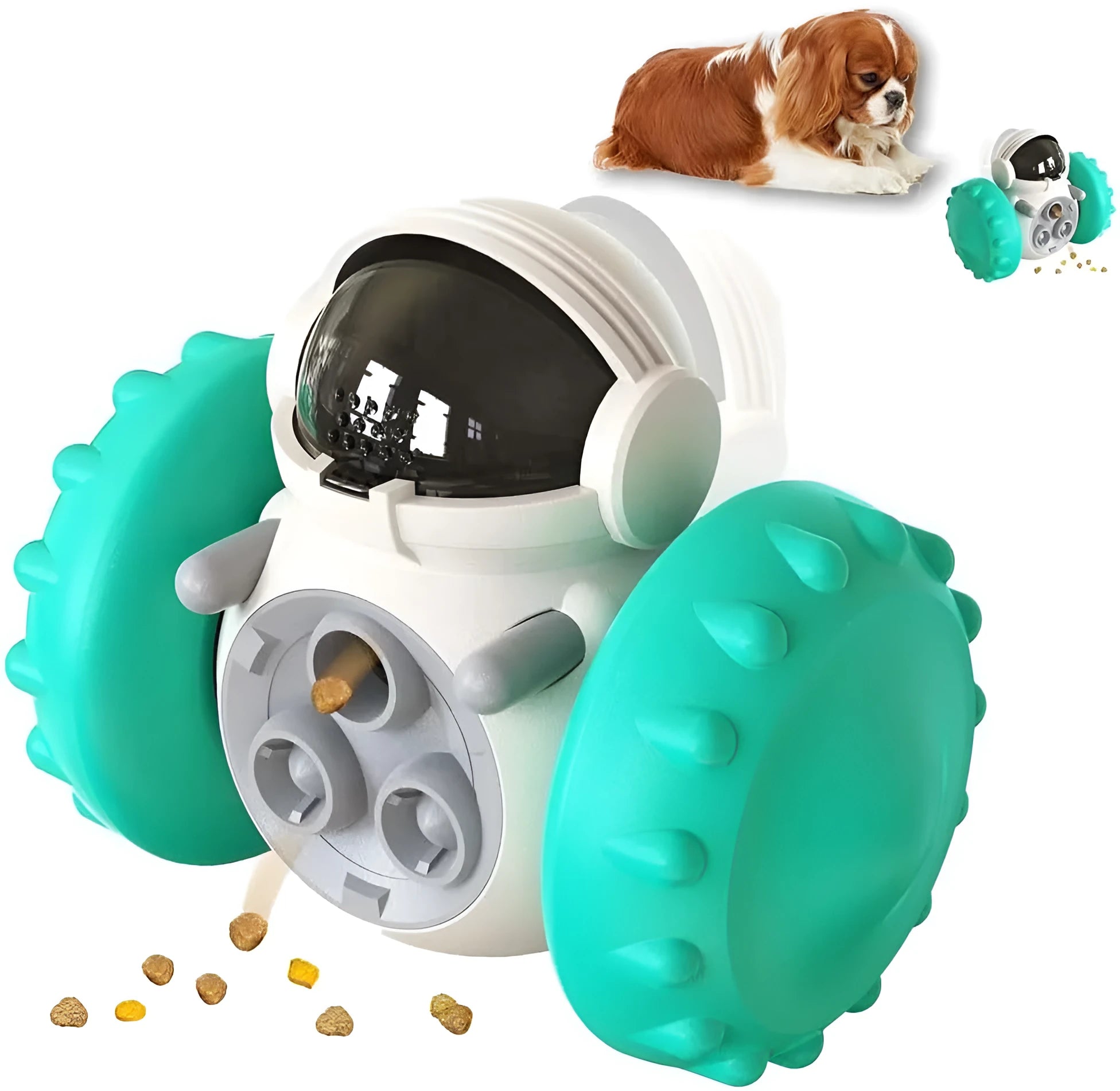 Robot-design self-balancing dog treat dispenser toy for small pets in multiple colour options