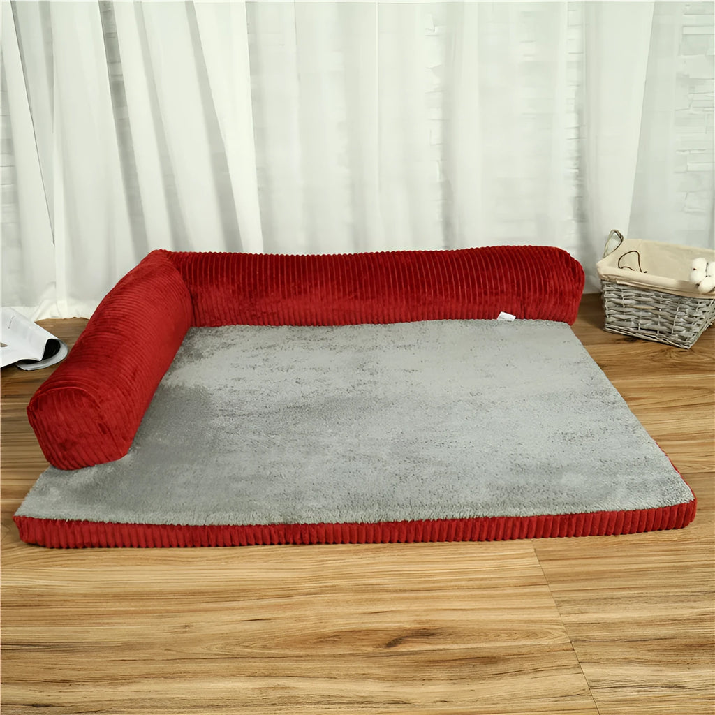Corduroy pet sofa dog bed in grey colour with a non-slip base, shown in a medium size.