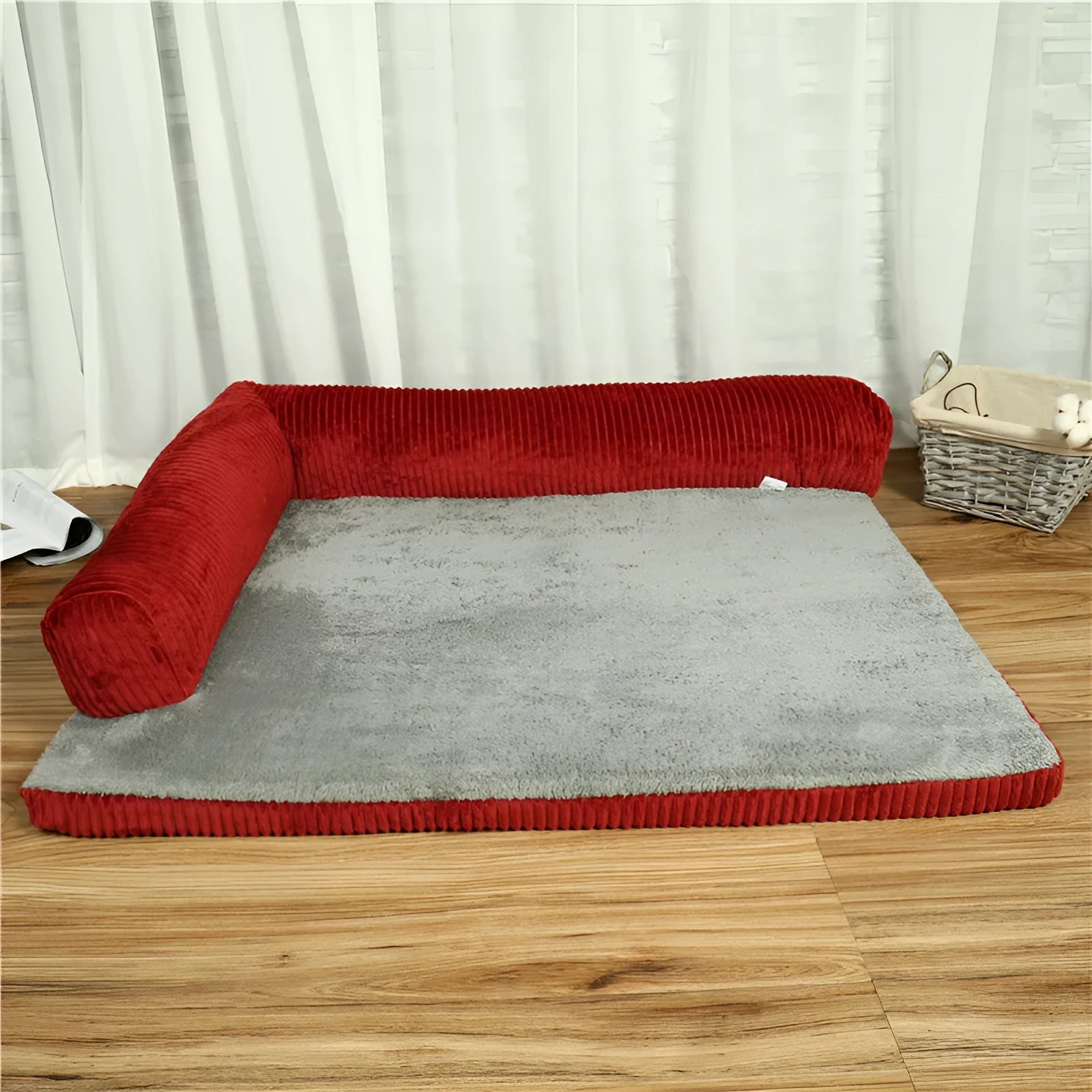 Corduroy pet sofa dog bed in grey colour with a non-slip base, shown in a medium size.