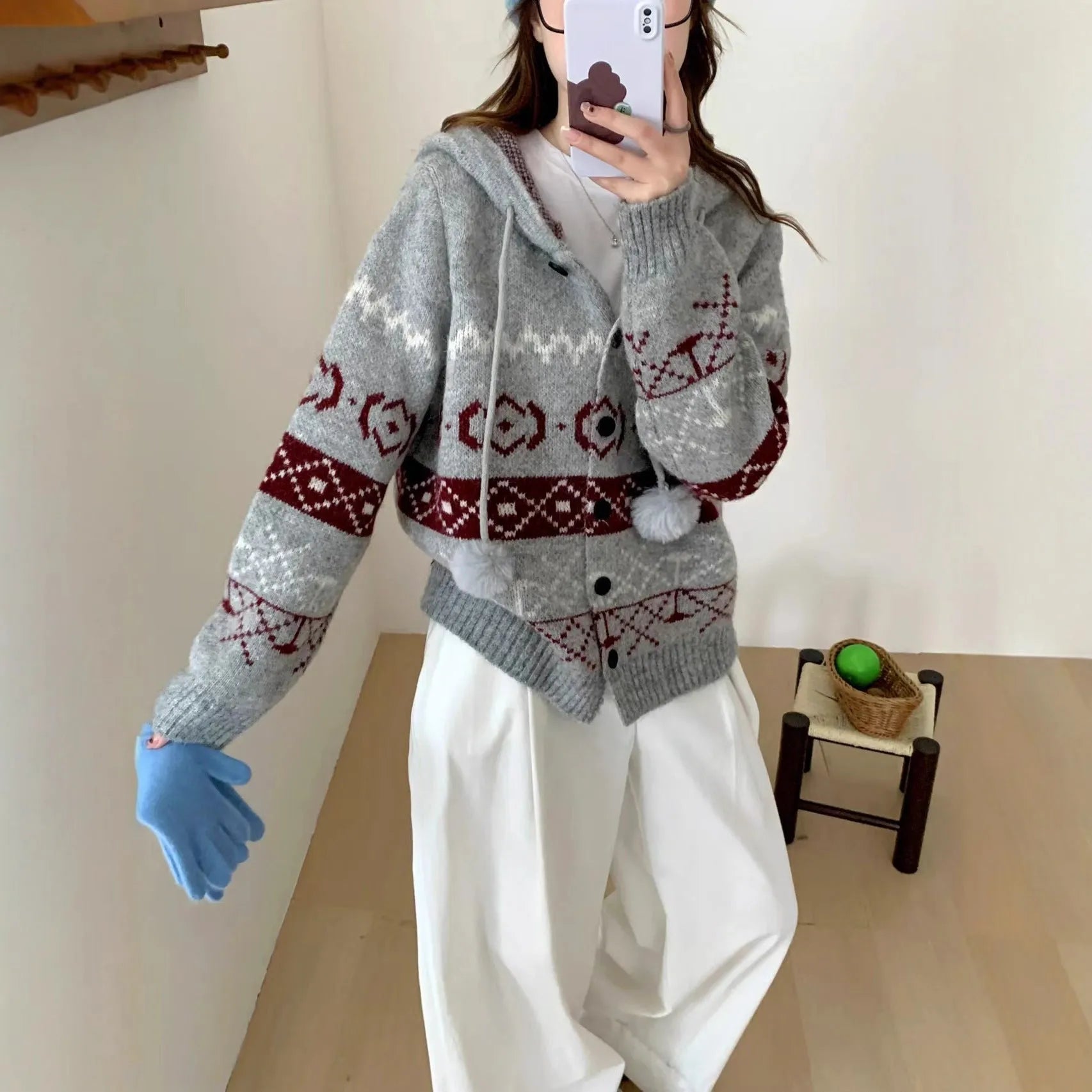 Geometric patterned brocade sweater coat in beige or grey for women's plus size casual wear