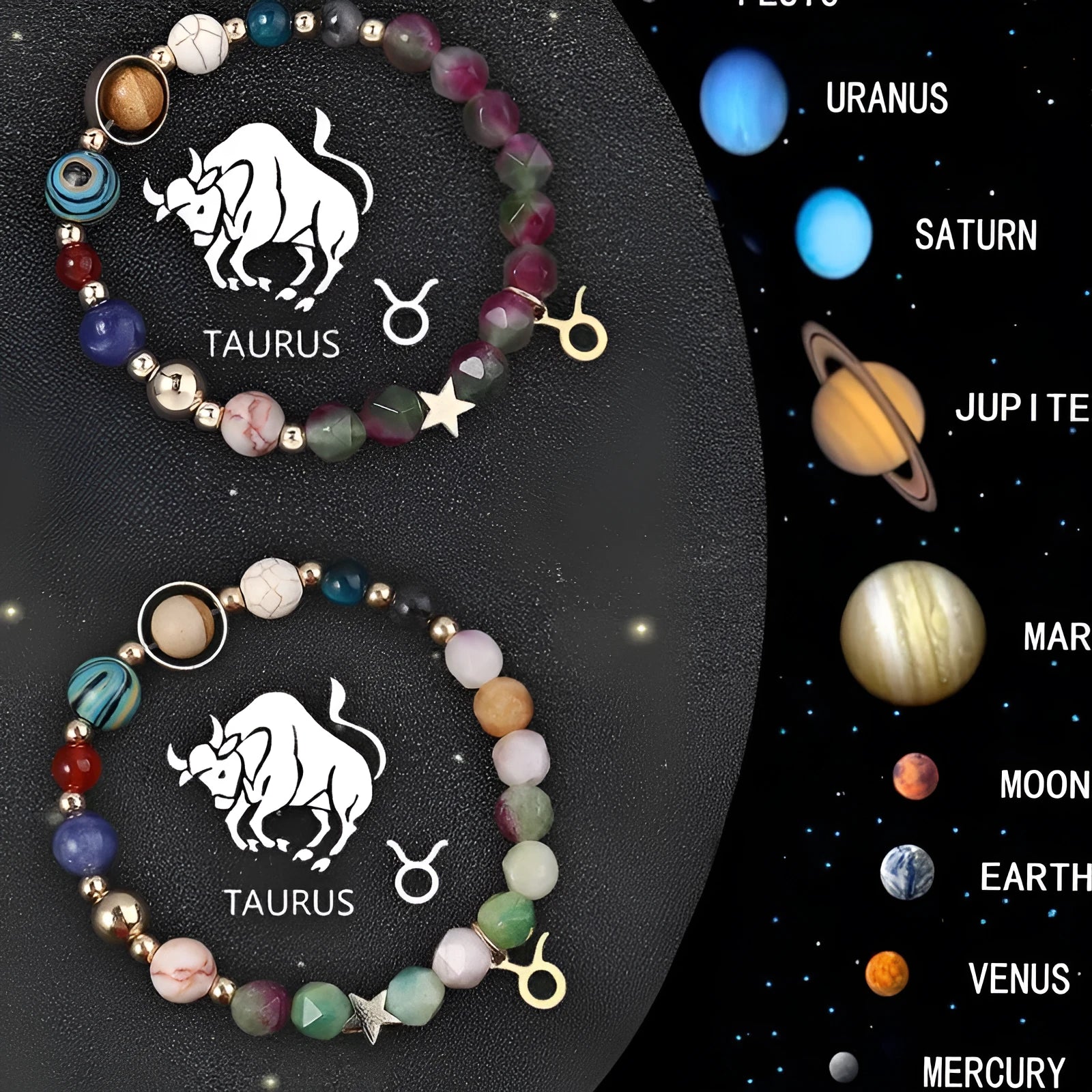 Two natural stone beaded bracelets showcasing zodiac sign designs on a selection card.
