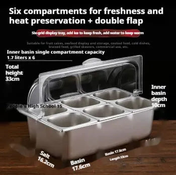 Stainless steel commercial dining plate display box with a removable lid and multiple inner compartments.