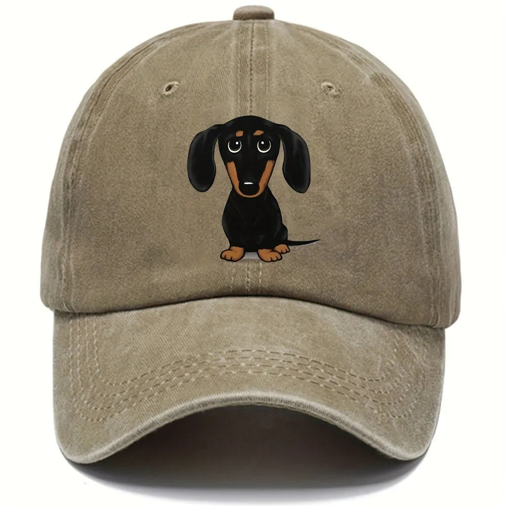 Retro washed cotton baseball cap with a Dachshund print on the front, featuring a peaked dome crown.