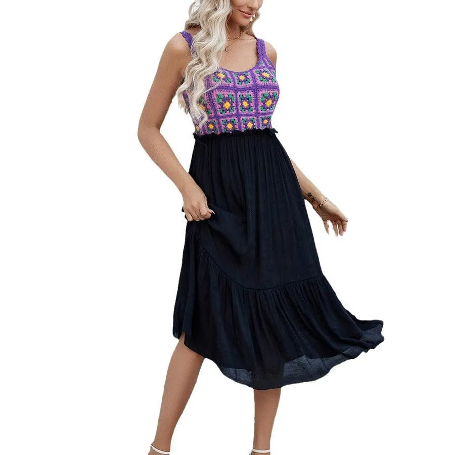 Purple sleeveless dress with hand-hook flower stitching on cotton yarn fabric