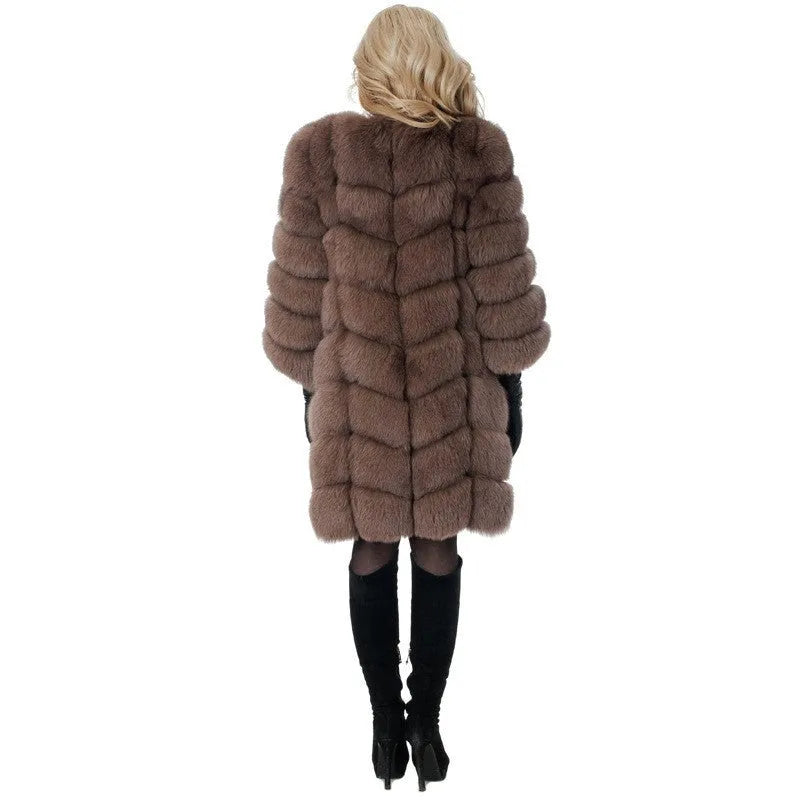 Women's artificial fur coat in dark camel colour with regular sleeves and 80cm length
