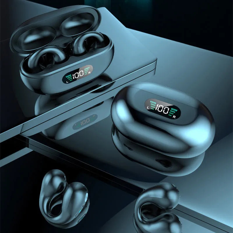 Black bone conduction Bluetooth headset clip worn on ear, showing ear clip design and bilateral speakers.