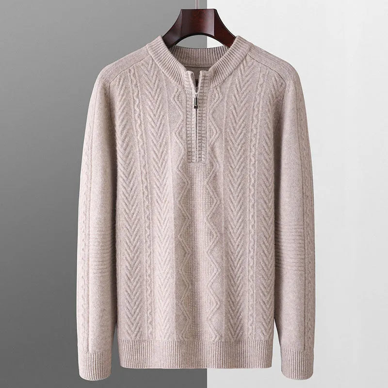 Men's grey diamond pattern wool sweater with half zip front and long sleeves