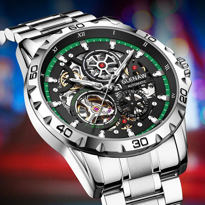 Men's double-sided hollow-out mechanical watch with luminous hands and stainless steel strap