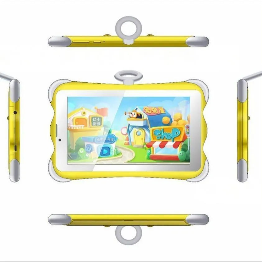 7-inch children's learning tablet in cartoon colours, shown with its foldable stand open, on a table.