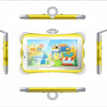 7-inch children's learning tablet in cartoon colours, shown with its foldable stand open, on a table.