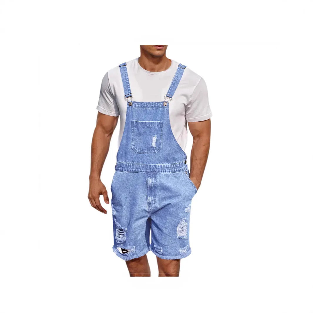 Men's ripped blue denim shorts with attached suspenders on a mid-waist, straight-leg cut.