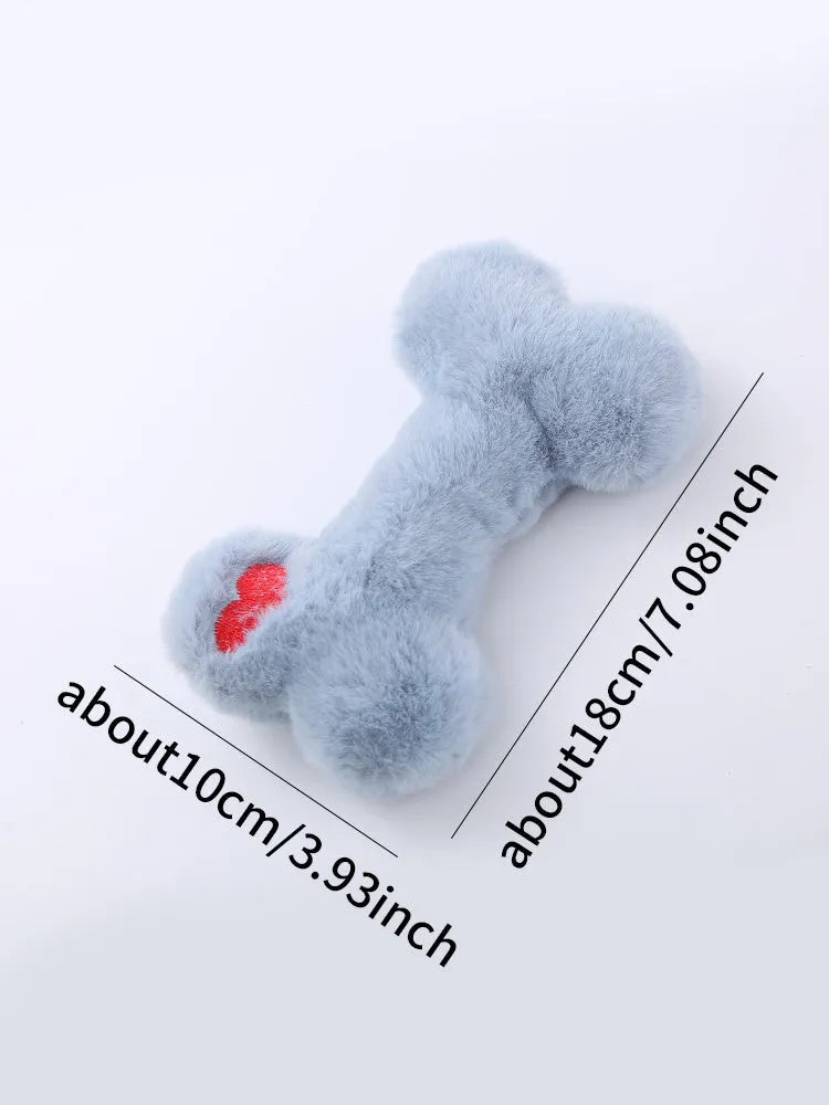 Soft blue plush love bone dog toy with a squeaker for interactive play.