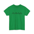 Green cotton T-shirt with white letter print showing short sleeves and regular fit