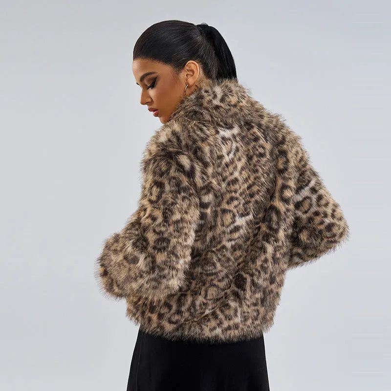 Women's leopard print polyester coat with buckle lapel closure in street fashion style