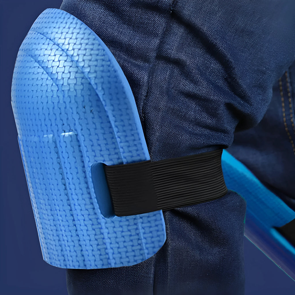 A pair of thick EVA foam kneecap pads in blue colour for floor work.