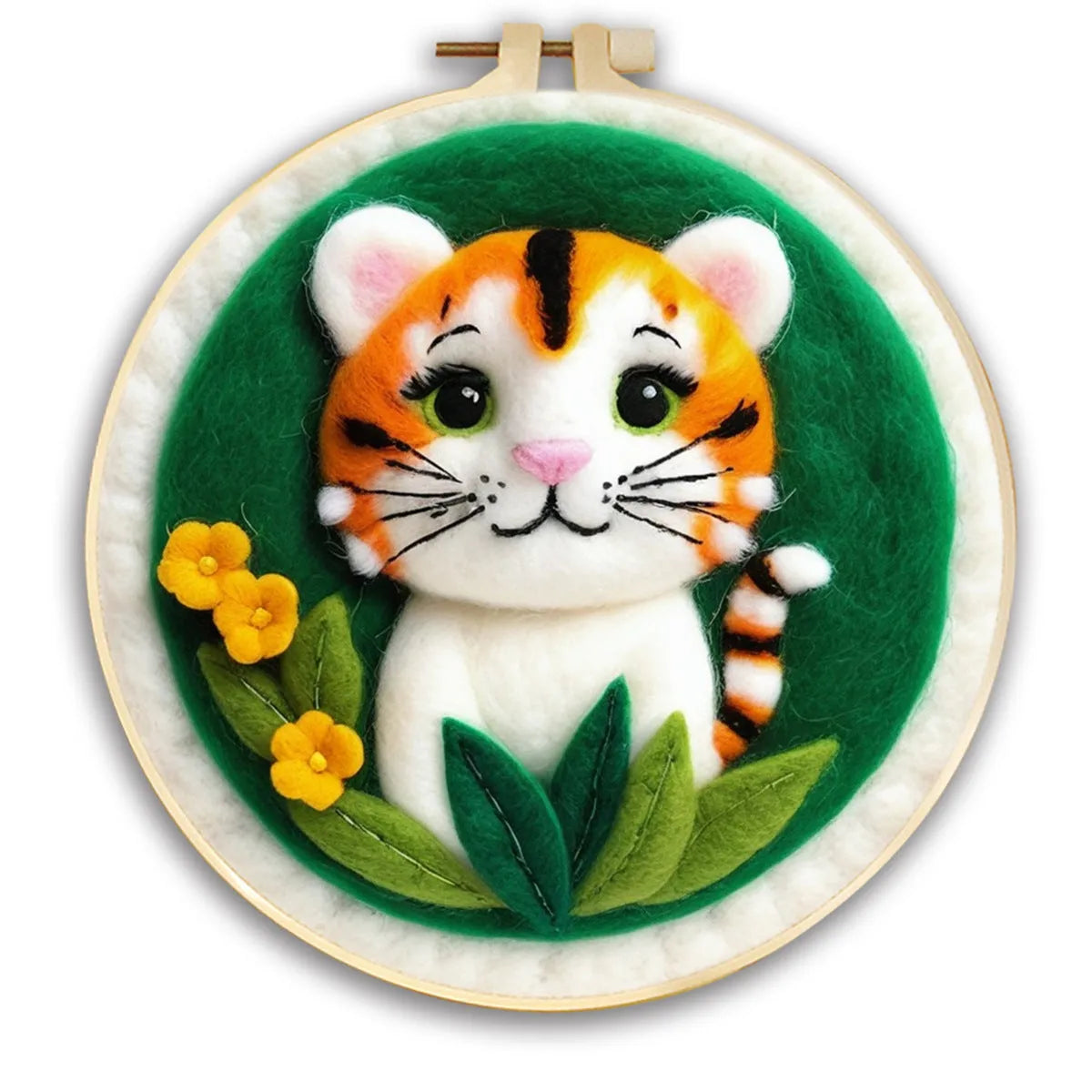 Round linen embroidery kit with wool felt materials for three-dimensional floral design