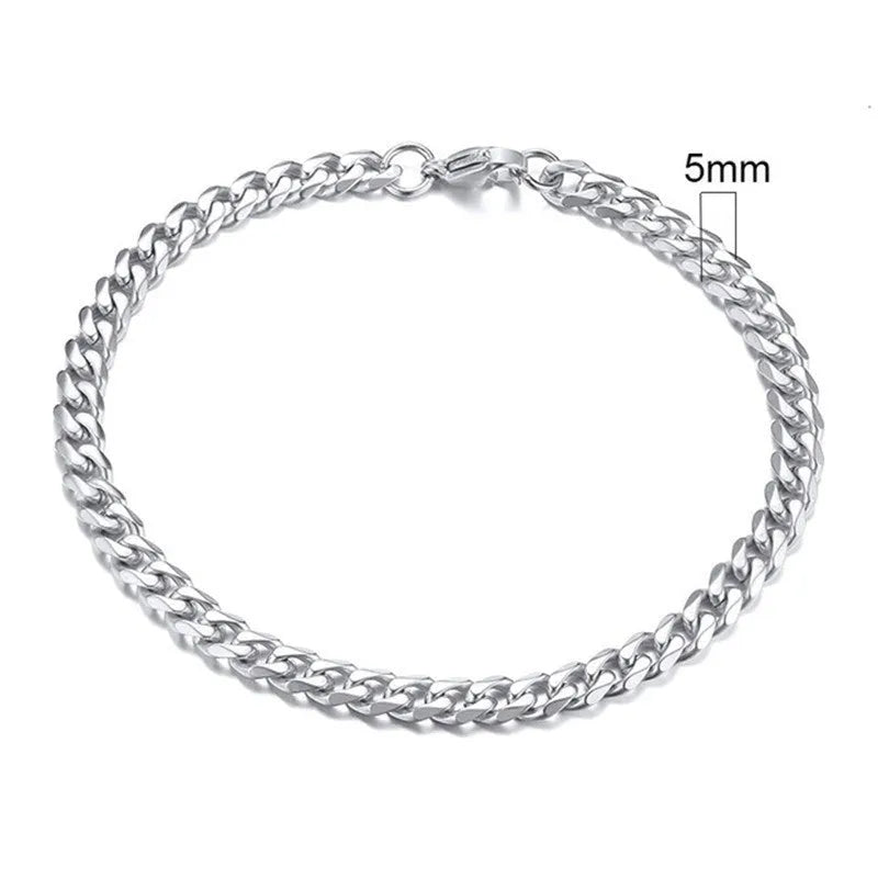 Six-sided Cuban link chain metal bracelet shown in gold, black and steel colour finishes with different width options.