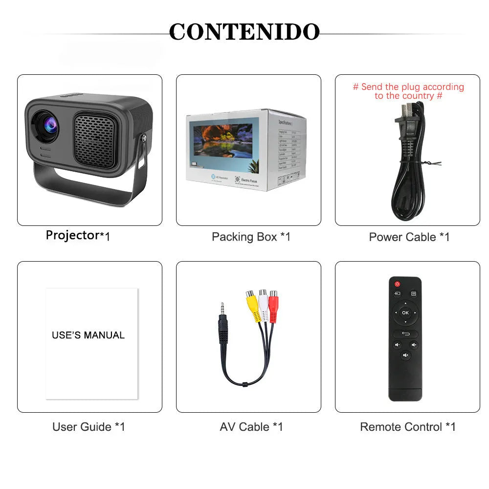Black portable smart projector with remote control showing HD 1280x720 resolution and 150 lumens specifications