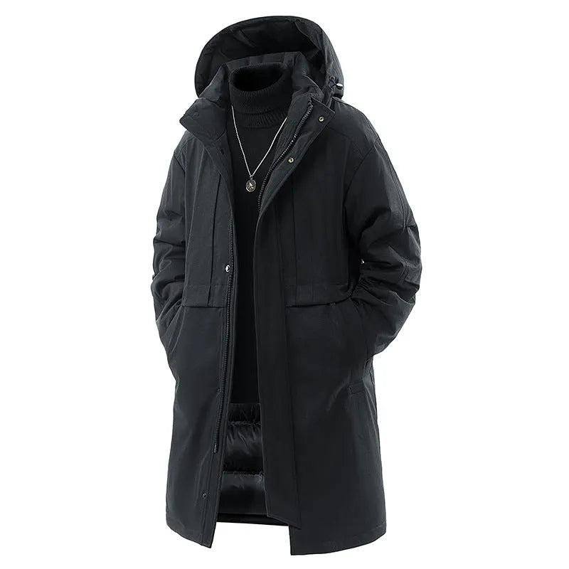 Men's loose fit windproof thickened polyester fibre winter coat in army green, front view with side pockets