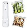 White USB electric vacuum food storage pump with five white 26x28cm plastic zipper bags.