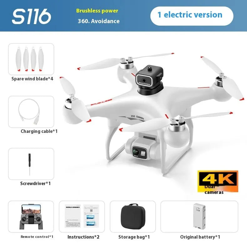 S116 brushless UAV drone with obstacle avoidance sensors and HD camera in black or white colours