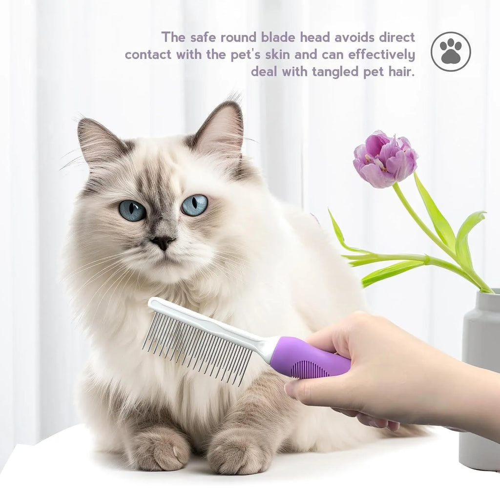 Purple pet grooming comb with stainless steel teeth for detangling dog and cat coats