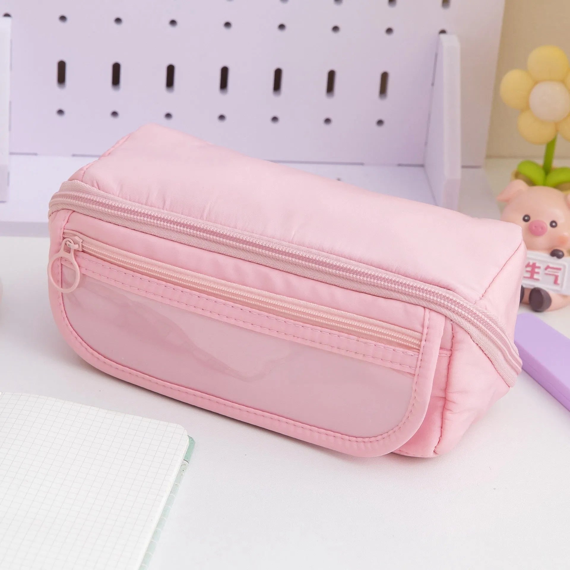 Korean-style canvas pencil case with a ten-layer flip design shown in various colours.