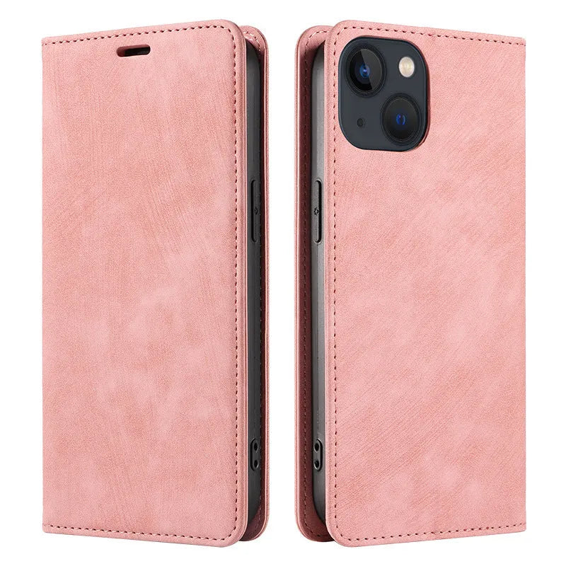 Magnetic flip phone case for iPhone in various colours showing leather and TPU construction