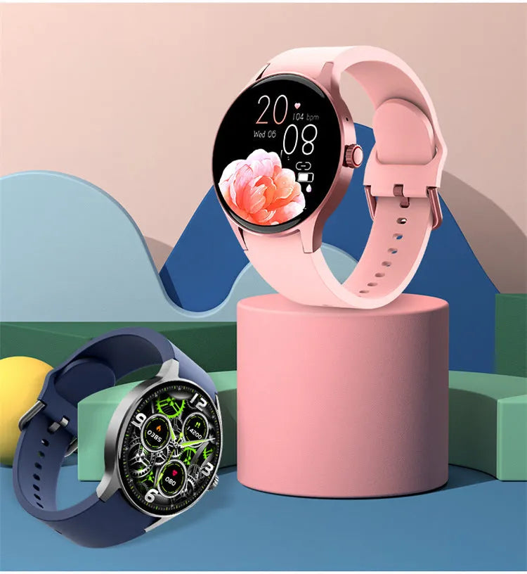 Round smartwatch with colour touchscreen display showing fitness metrics on wrist