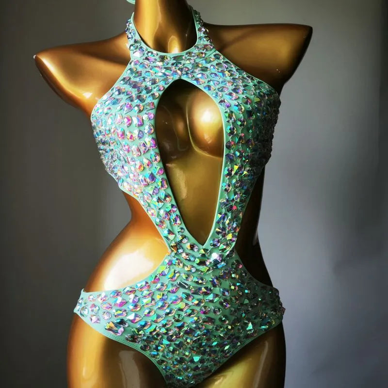 Women's one-piece mesh diamond swimsuit in black, light green, Army Green or brown colours