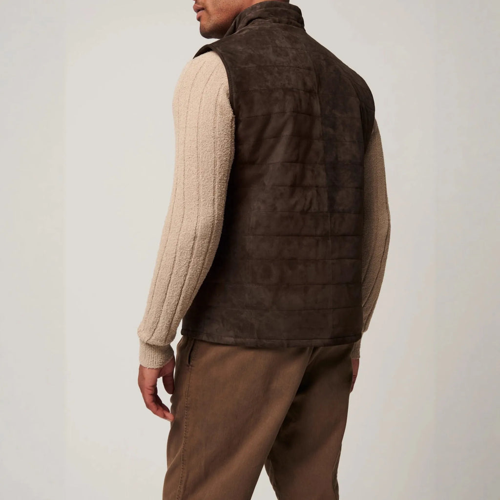 Brown leather men's horizontal vest jacket with straight hem made from polyester fiber, available in multiple sizes
