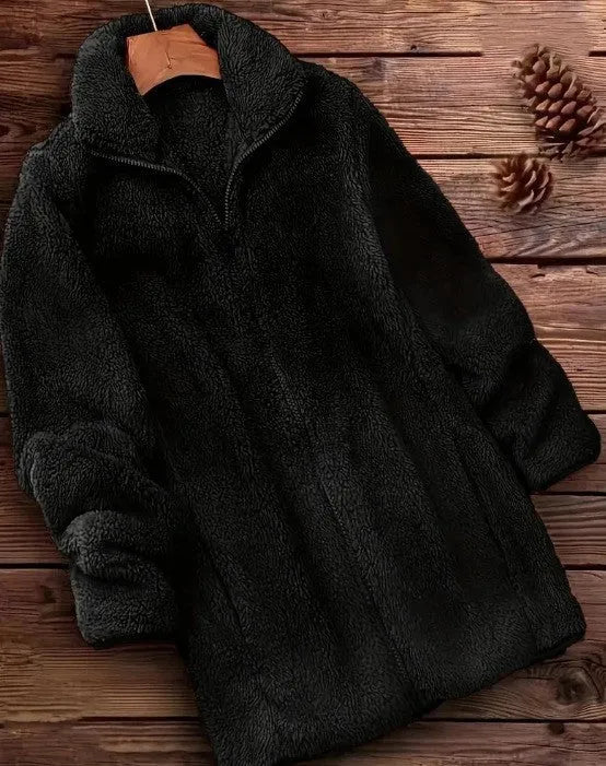 Man's black double-sided fleece jacket with a fleece lining, showing front view.