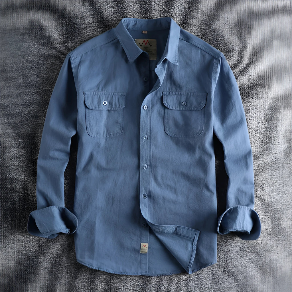 British retro style men's long sleeve cotton shirt in solid light blue colour with cardigan design
