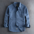 British retro style men's long sleeve cotton shirt in solid light blue colour with cardigan design