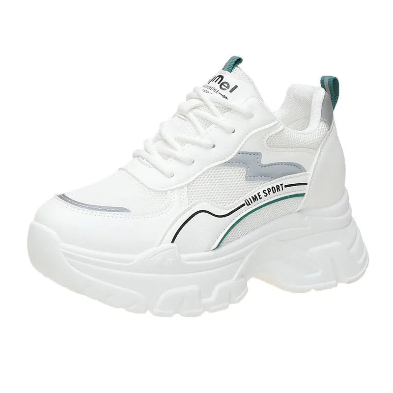 Women's white breathable mesh sports shoes with cross shoulder straps and built-in height increasing insoles.