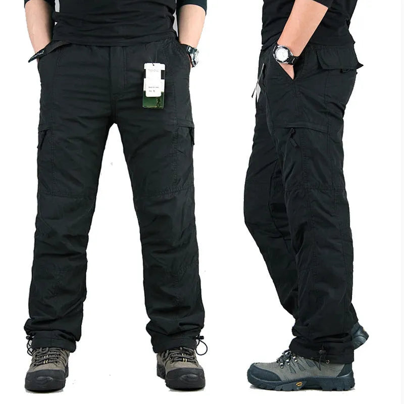 Men's stone washed cotton overalls with velvet lining in khaki, shown in a loose, straight-leg fit.