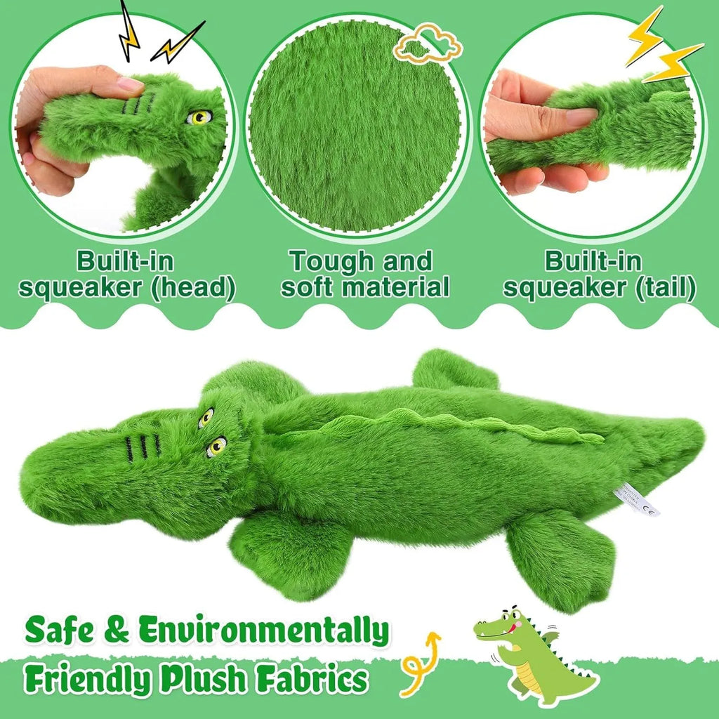 Green crocodile plush dog toy with stuffing-free construction and squeaker sound feature