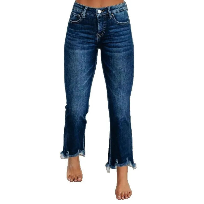 Women's solid colour denim jeans with hand-worn detailing in dark blue and light blue options
