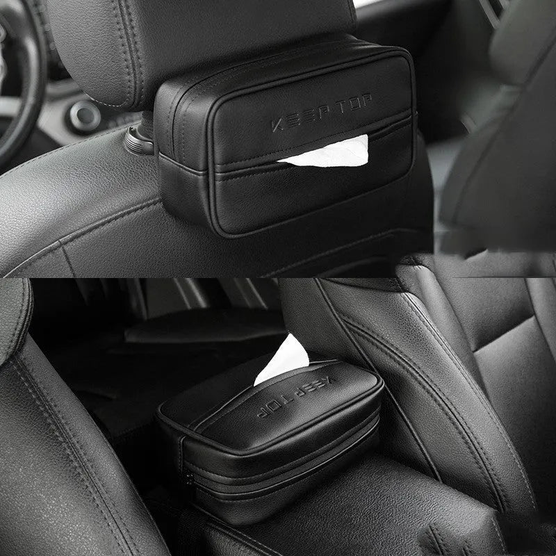 Black PU leather car hanging storage organiser bag shown with documents inside